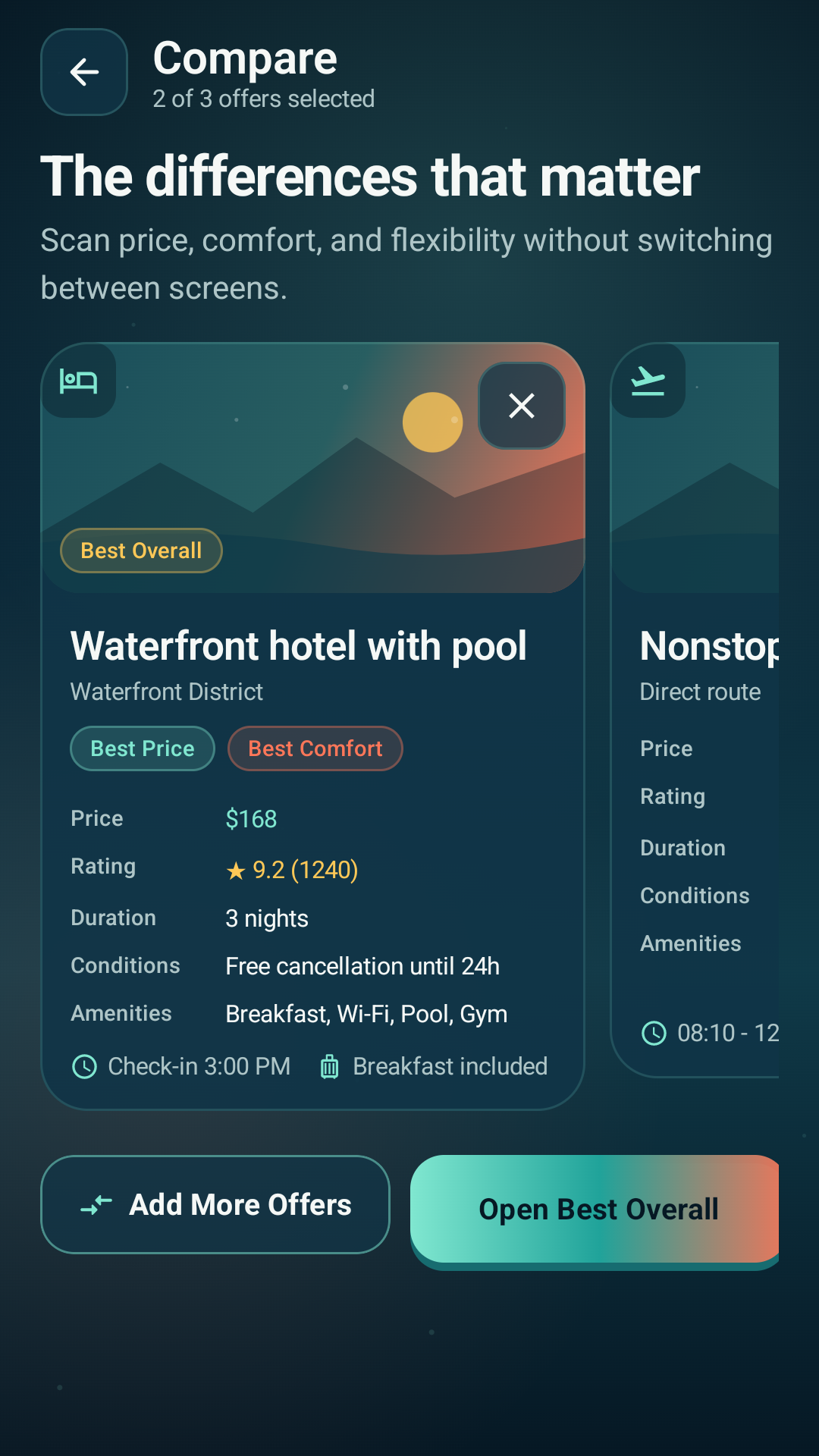 Travel Compare detailed compare screen