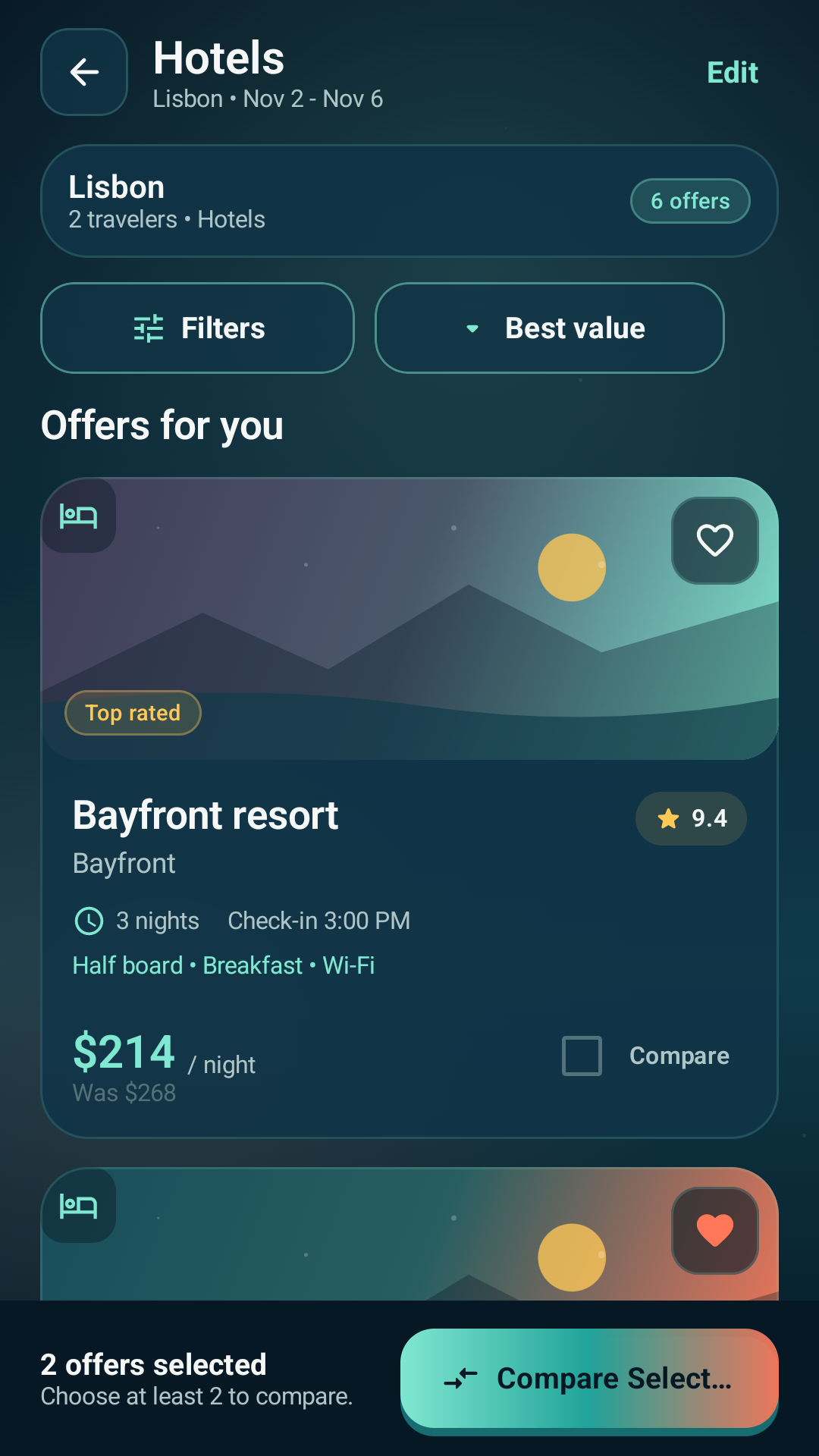 Travel Compare hotel offers screen
